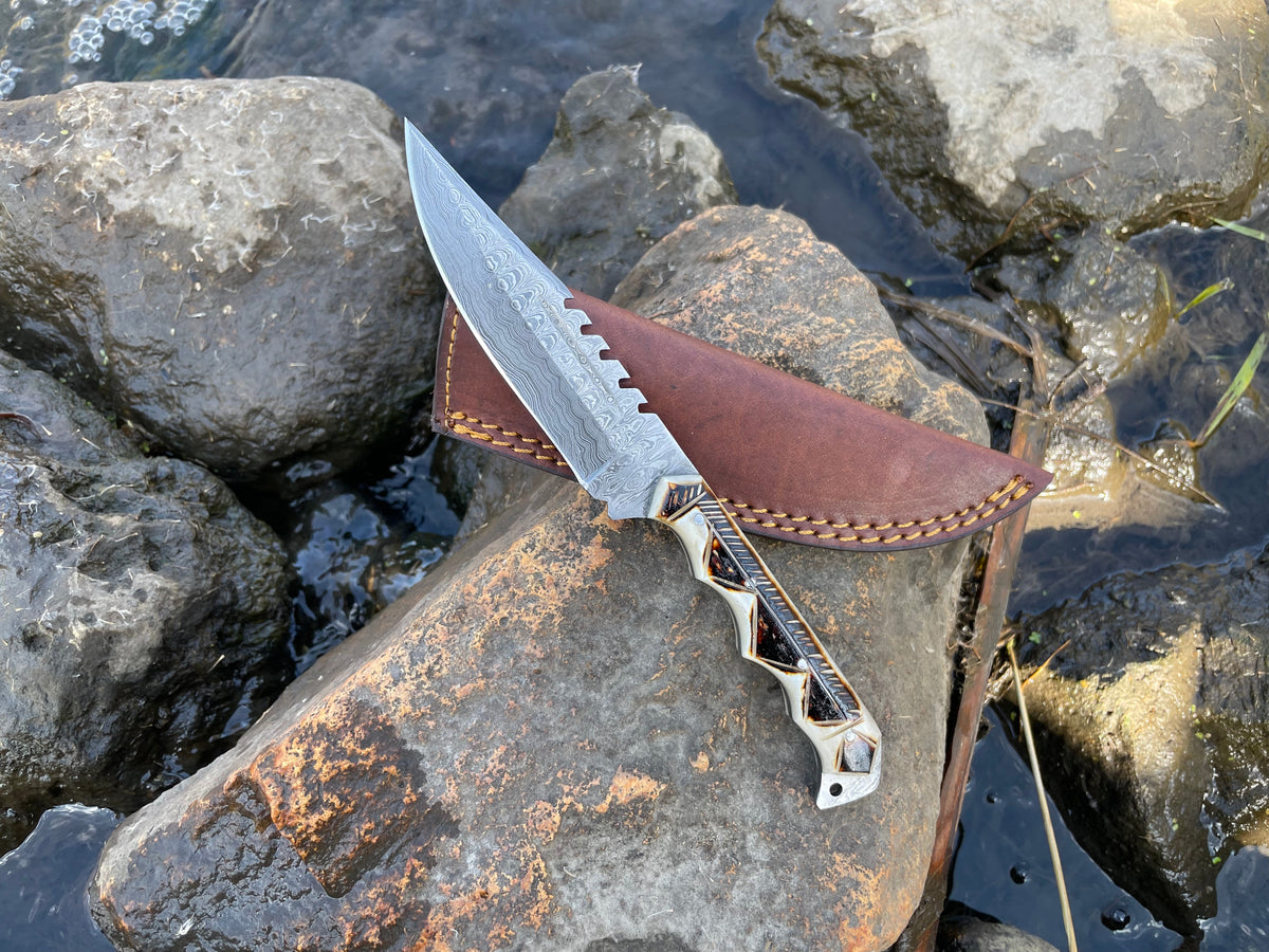 Handmade Damascus hunting knife with serrated back in brown leather sheath TK-032 by Titan on Tampa Home & Garden Store
