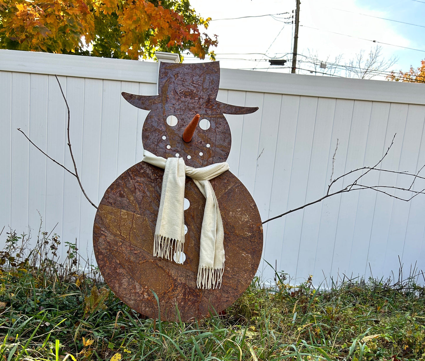 Large outdoor snowman sculpture rusted metal with cream scarf by Rustica Ornamentals on Tampa Home & Garden Store