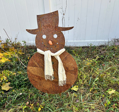 Large outdoor snowman sculpture rusted metal with beige scarf Rustica Ornamentals on Tampa Home & Garden Store
