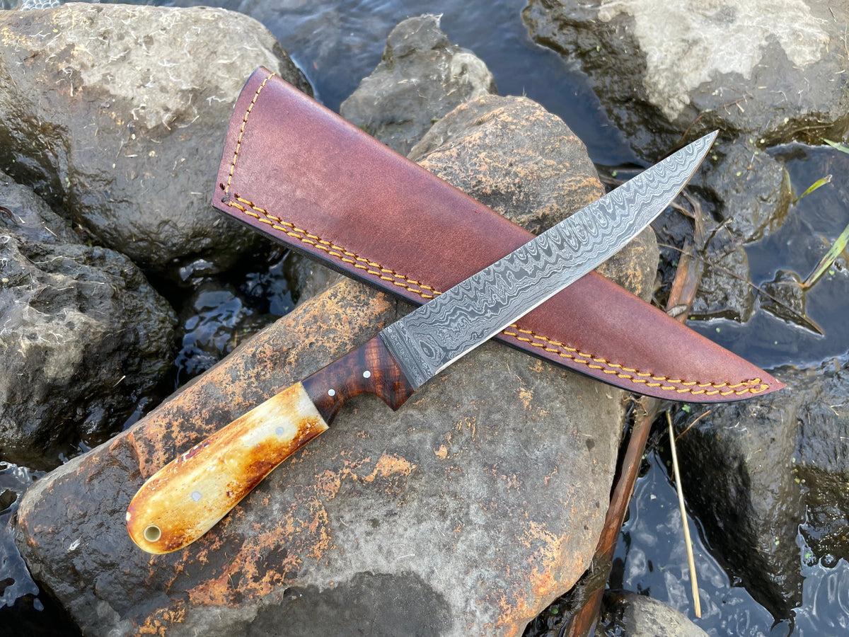 Boning and flaying knife with ladder Damascus blade TK-034, leather sheath, horn handle on Tampa Home & Garden Store