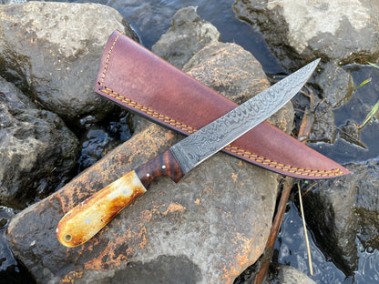 Boning and flaying knife with ladder Damascus blade TK-034, leather sheath, horn handle on Tampa Home & Garden Store