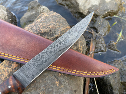 Bonning and flaying knife with High Carbon Damascus TK-034, wood handle, leather sheath on Tampa Home & Garden Store