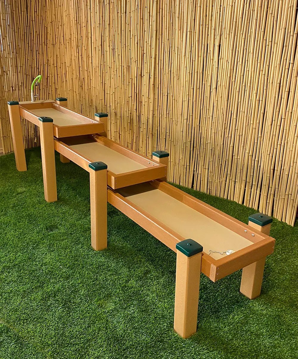 KSO-A4B2C2FFLEX Kids' Station outdoor water table with triple tan troughs and wooden frame on Tampa Home & Garden Store