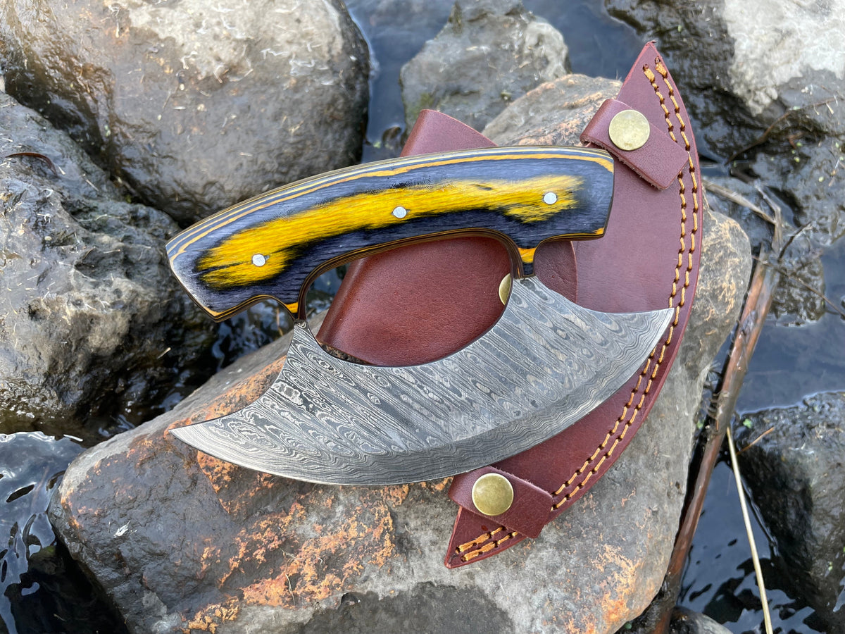 Damascus Steel Alaskan Ulu knife TK-035 by Titan Intl K with yellow-black laminated handle on Tampa Home & Garden Store