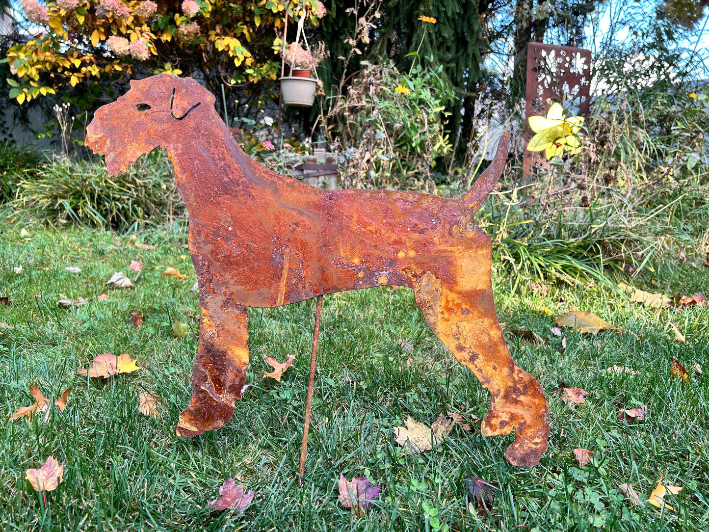 Airedale Terrier garden stake in rusty metal by Rustica Ornamentals, lawn decor on Tampa Home & Garden Store