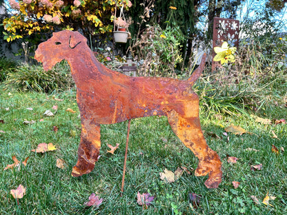 Airedale Terrier garden stake in rusty metal by Rustica Ornamentals, lawn decor on Tampa Home & Garden Store