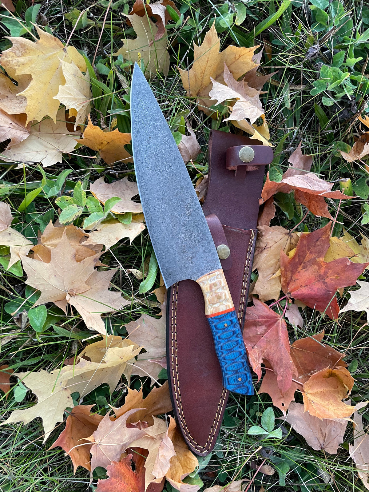 Damascus steel chef knife TK-043 with carved bone handle and brown leather sheath on Tampa Home & Garden Store