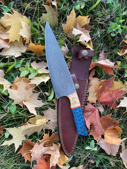 Damascus steel chef knife TK-043 with carved bone handle and brown leather sheath on Tampa Home & Garden Store