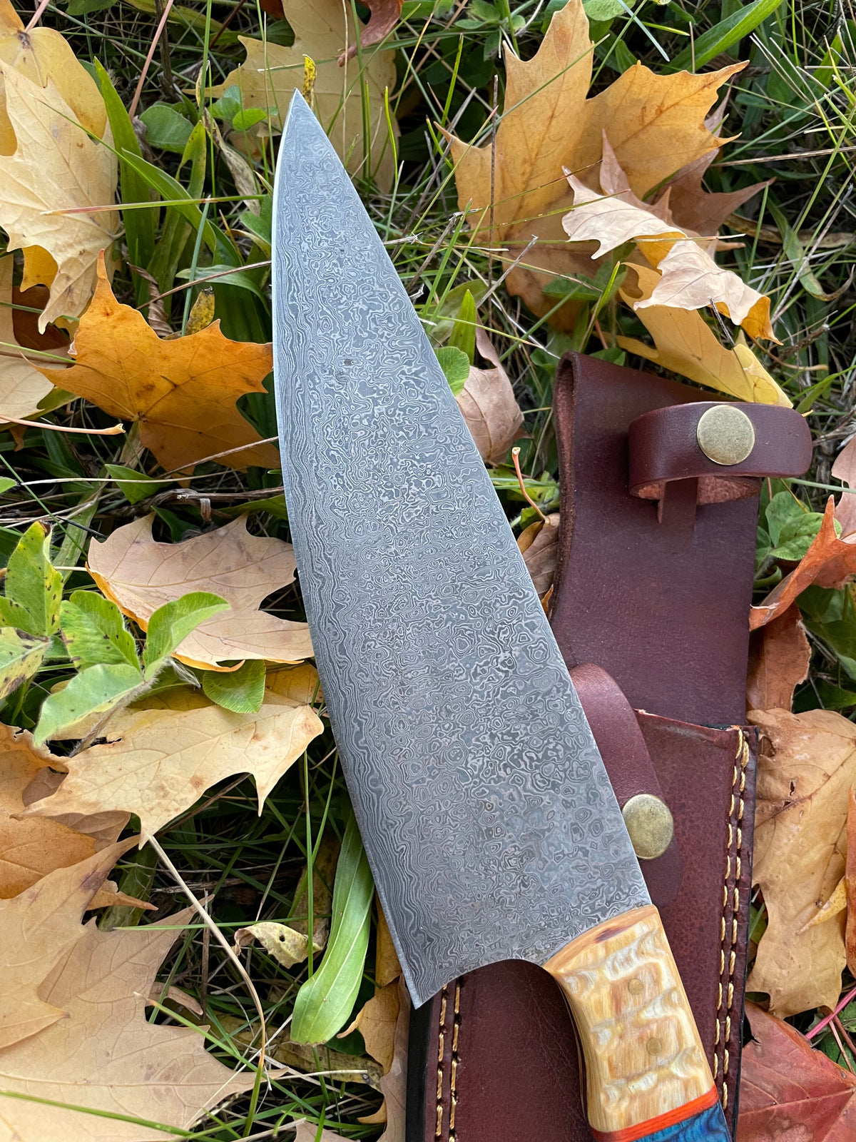 Damascus Steel Custom Cheff Knife TK-043 blade with Damascus pattern and leather sheath on Tampa Home & Garden Store