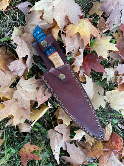 Damascus Steel Custom Cheff Knife TK-043 with blue resin handle in brown leather sheath on Tampa Home & Garden Store