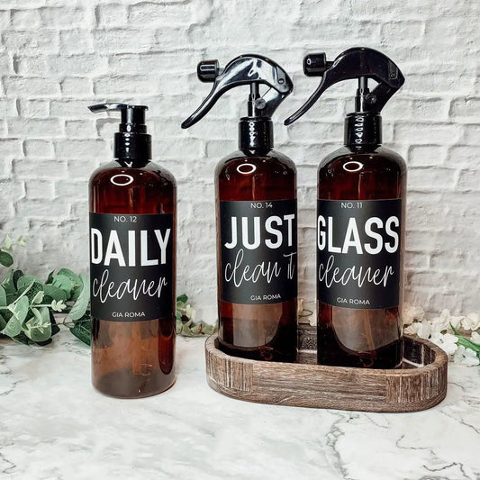 Gia Roma 16oz amber plastic cleaning bottles with pumps 3-pack on a wooden tray on Tampa Home & Garden Store