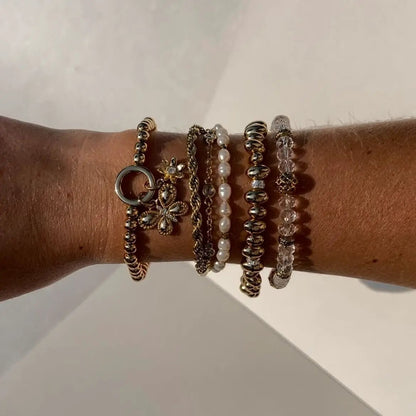 Puffy Butterfly Stretch Bracelet stack with gold-tone beads, pearls, and a butterfly charm on Tampa Home & Garden Store