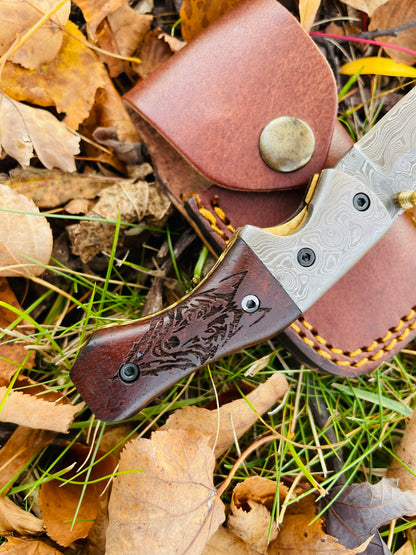 Damascus steel folding knife Wolf engraving TF-083 Limited Run with carved wood handle on Tampa Home & Garden Store