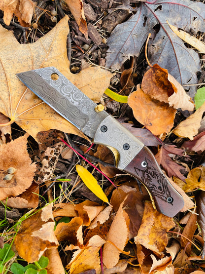 Damascus steel folding knife with wolf engraving TF-083 by Titan International K, limited run on Tampa Home & Garden Store