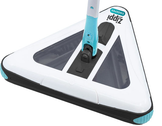 White and blue floor sweeper, zippi sweeper on a white background