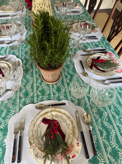 Bluebell Tablecloth in Emerald by Erin Donahue Tice, patterned tablecloth with white trim on Tampa Home & Garden Store