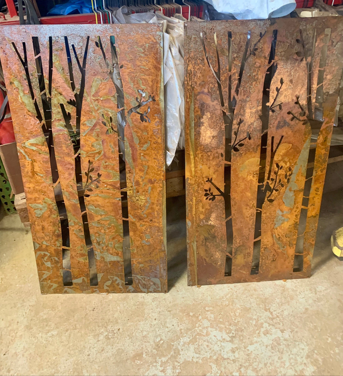 Outdoor Metal Privacy Fence Panels Rustica Ornamentals rusted steel with black trees on Tampa Home & Garden Store