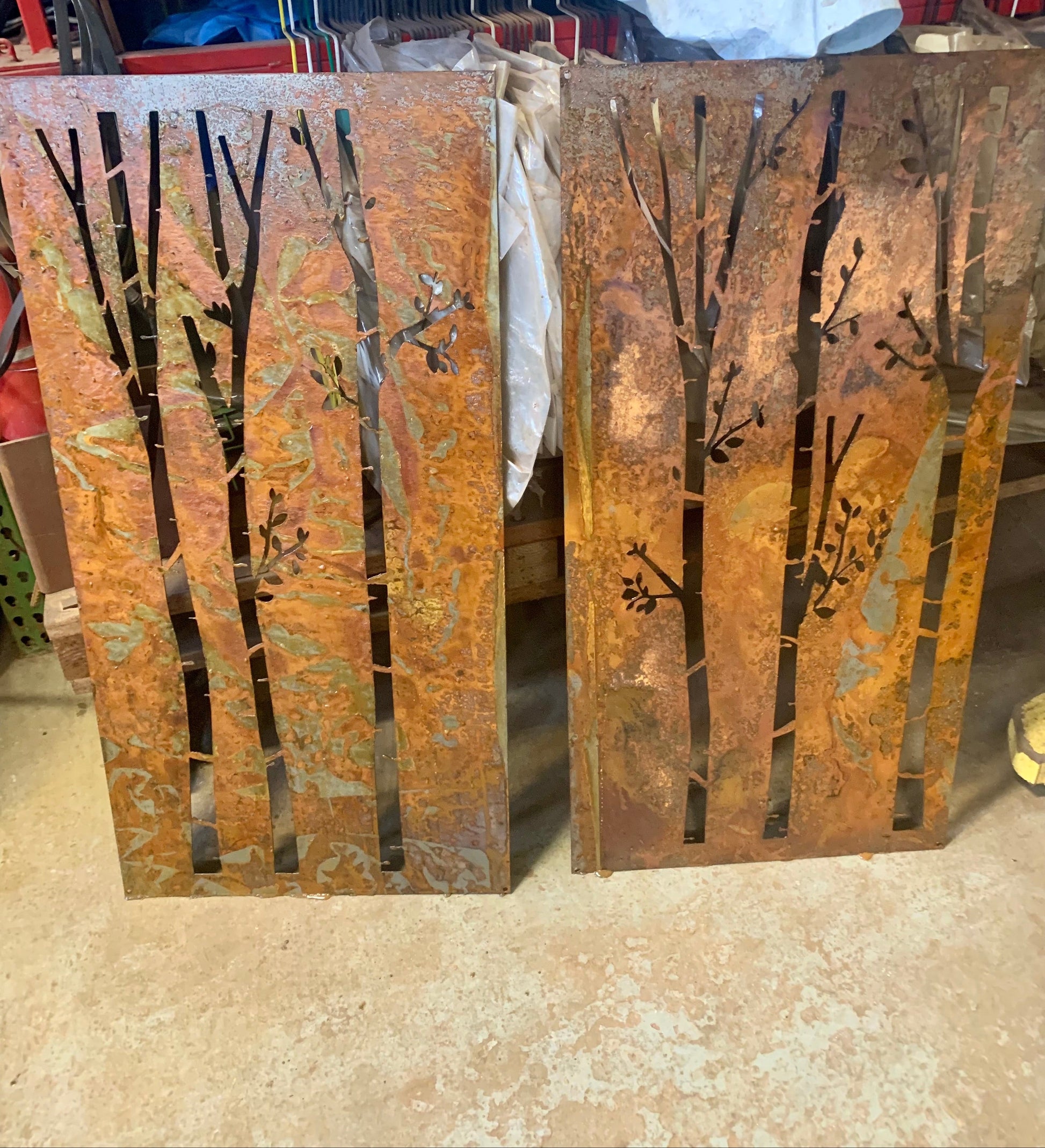 Metal fence panels wall hanging with rust finish and black branch motif, 46in privacy panel on Tampa Home & Garden Store