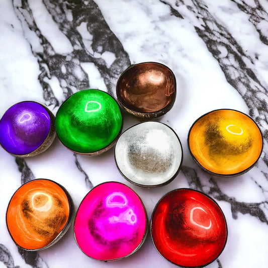Coconut Rainbow Bowls Gia Roma; colorful metallic coconut bowls for kitchen use on marble on Tampa Home & Garden Store