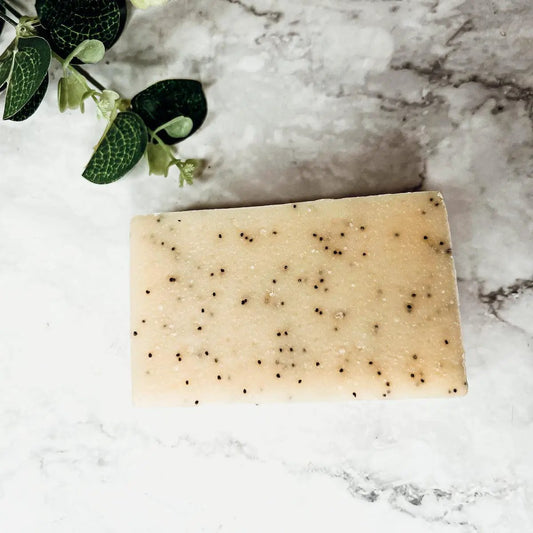 Gia Roma Poppy Seed Exfoliant Olive and Sunflower Soap Bar beige speckled with poppy seeds on Tampa Home & Garden Store