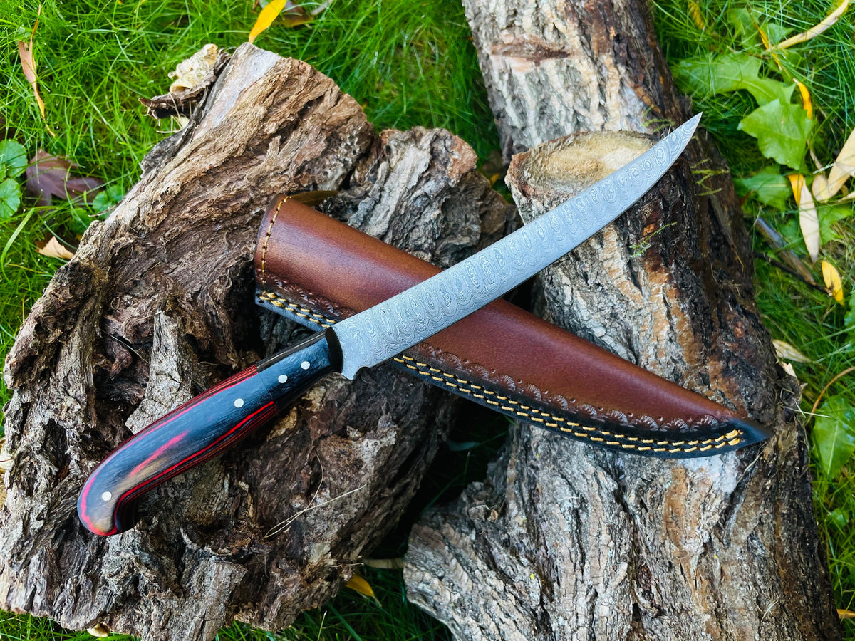 Damascus steel custom flay knife TK-050 by Titan International K, blue handle, Damascus blade on Tampa Home & Garden Store