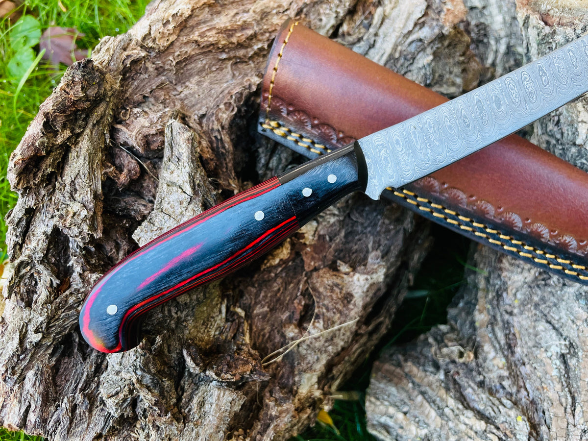 Damascus Steel Custom Flay Knife TK-050 by Titan International K with black/red handle on Tampa Home & Garden Store