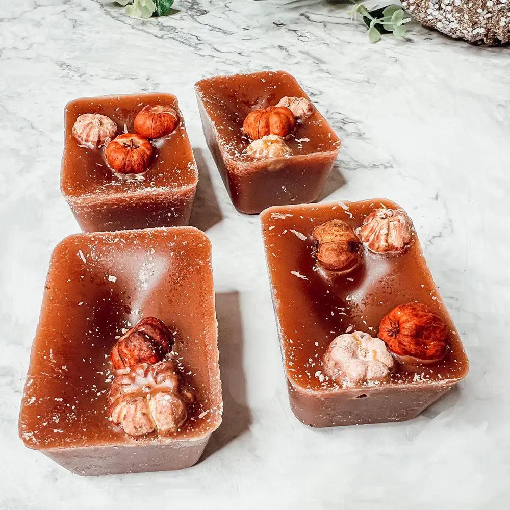 Autumn Pumpkin Pecan Waffles Wax Melt by Gia Roma, four brown wax tarts with orange pumpkins on Tampa Home & Garden Store
