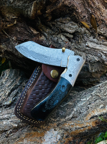 Damascus steel folding knife TF-084 by Titan K wolf blue/black handle leather sheath on Tampa Home & Garden Store