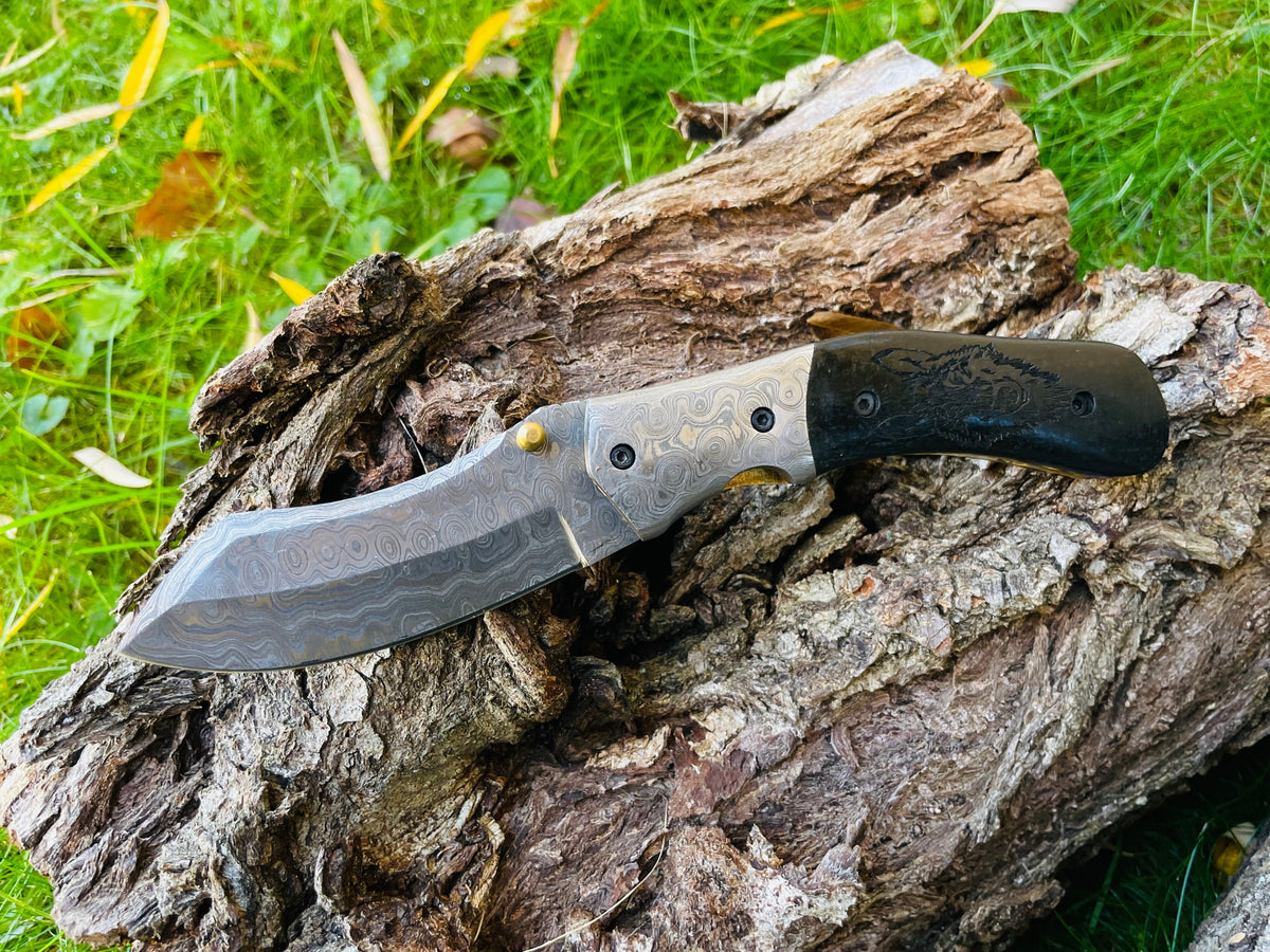 Damascus steel folding knife TF-084 Wolf Engraved, patterned blade, black handle by Titan International K on Tampa Home & Garden Store