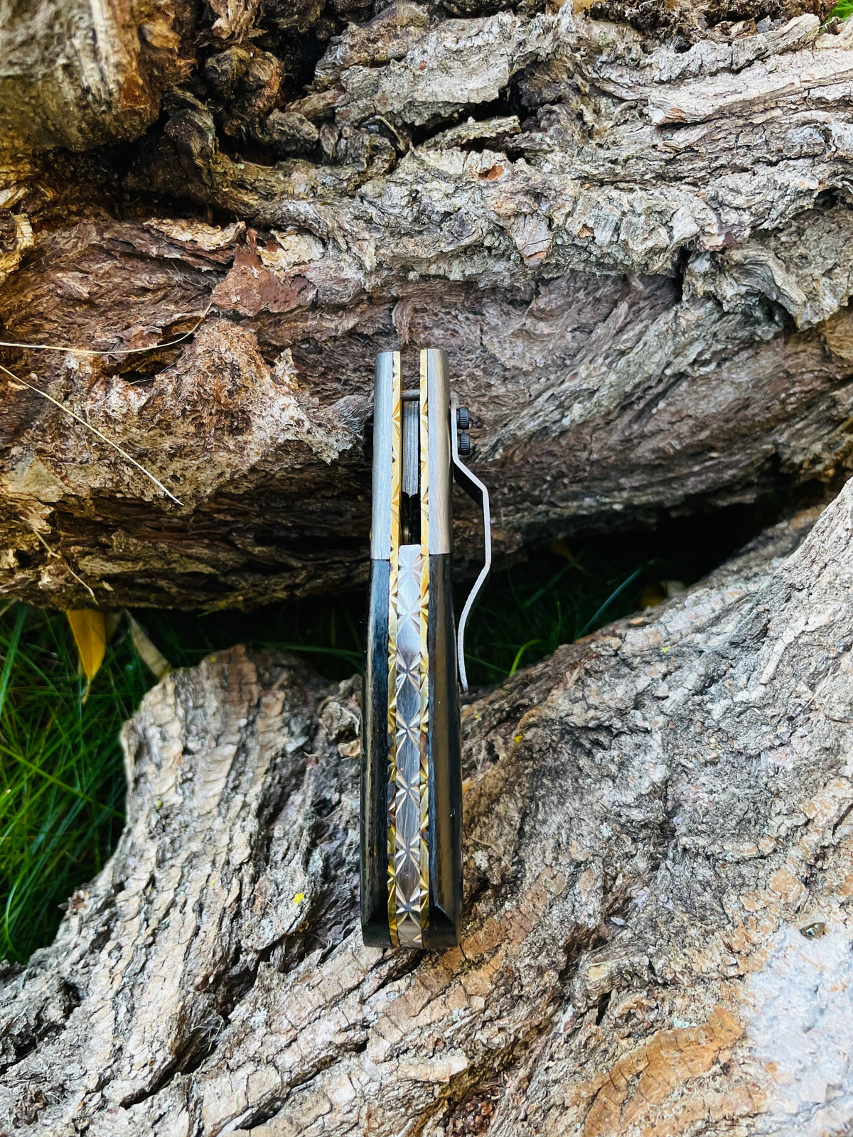 Damascus steel folding knife TF-084 by Titan International K with gold damascus handle on Tampa Home & Garden Store
