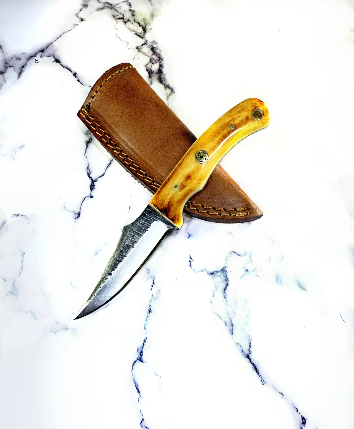 Titan International K TC-59 carbon skinning knife with amber bone handle and leather sheath on Tampa Home & Garden Store