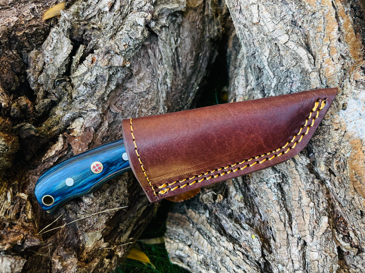 Damascus EDC Knife Oda TK-055 by Titan International K, blue handle, leather sheath on Tampa Home & Garden Store