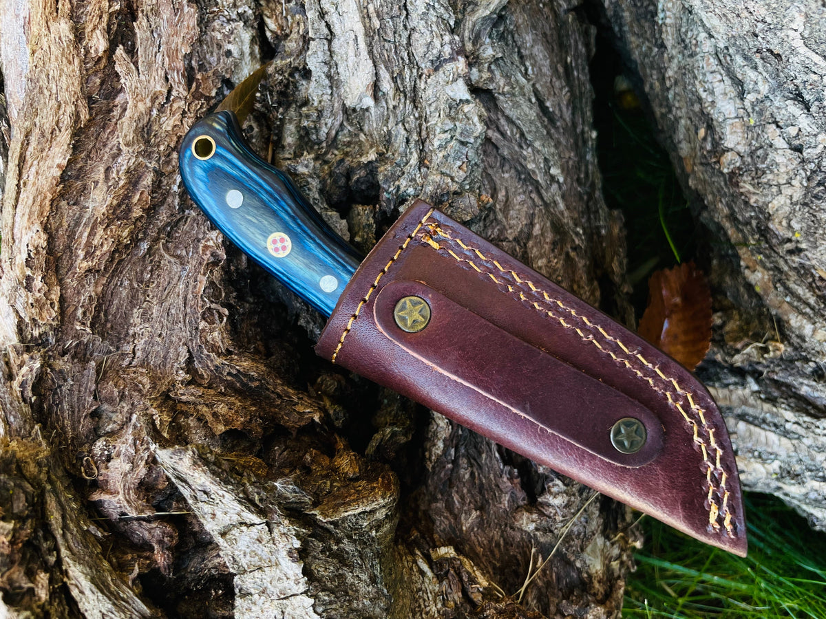 Damascus Steel Oda TK-055 knife with blue handle and brass rivets in brown leather sheath on Tampa Home & Garden Store