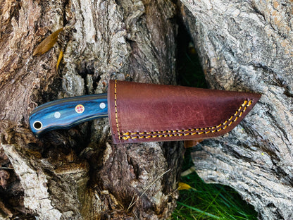 Damascus EDC knife Oda TK-055 with blue marbled handle and circular inlays leather sheath on Tampa Home & Garden Store