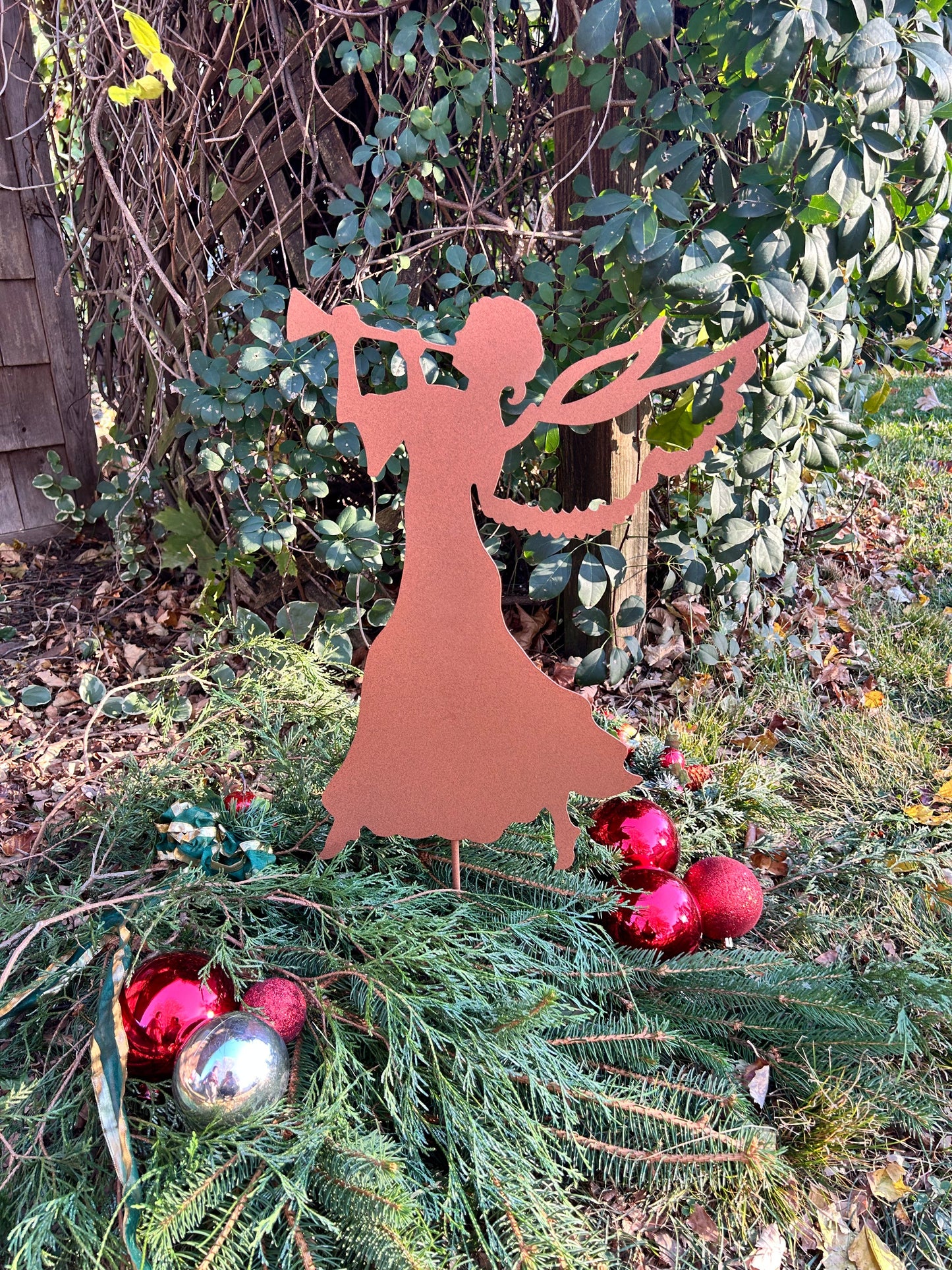 Angel garden stake silhouette in rust-colored metal, Christmas decor by Rustica Ornamentals on Tampa Home & Garden Store