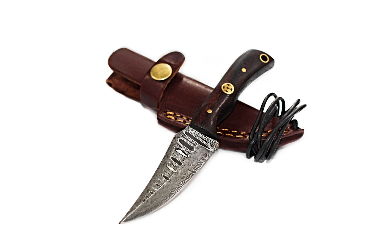 Damascus skinner knife with rosewood grip and brass pins in leather sheath Titan TD-178 on Tampa Home & Garden Store