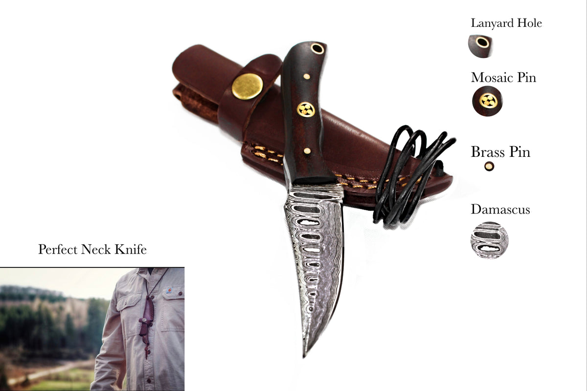 Damascus steel skinner knife with rosewood grip, Titan TD-178, leather sheath on Tampa Home & Garden Store