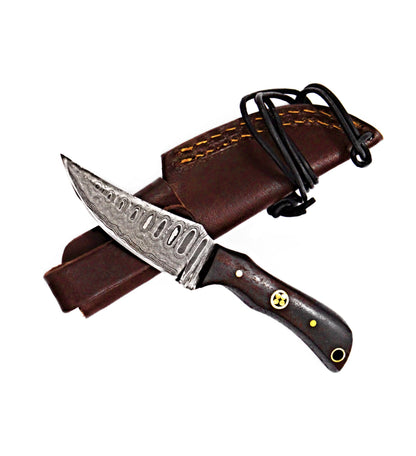 Damascus steel skinner knife with rosewood grip and patterned blade Titan TD-178 in brown leather sheath on Tampa Home & Garden Store