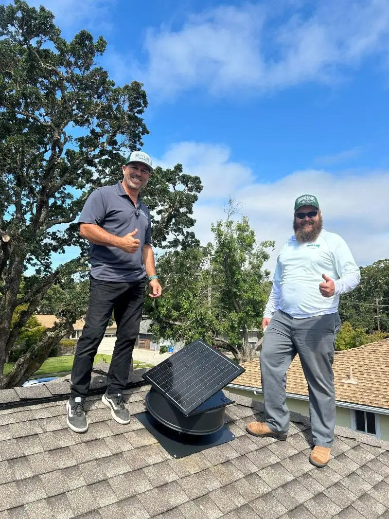 Langy 42W solar attic fan with remote, black vent on a shingled roof, tilted solar panel on Tampa Home & Garden Store