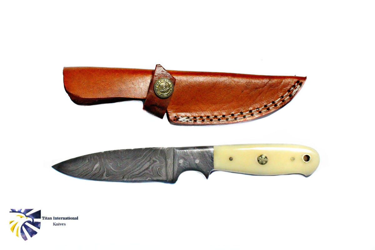 2-piece knife set TD-003 Titan Knives with Damascus blade ivory handle and leather sheath on Tampa Home & Garden Store