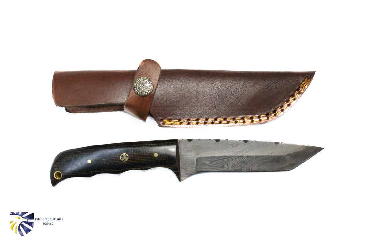 TD-010 Titan International K fixed-blade knives with brown leather sheath and black-handle blade on Tampa Home & Garden Store