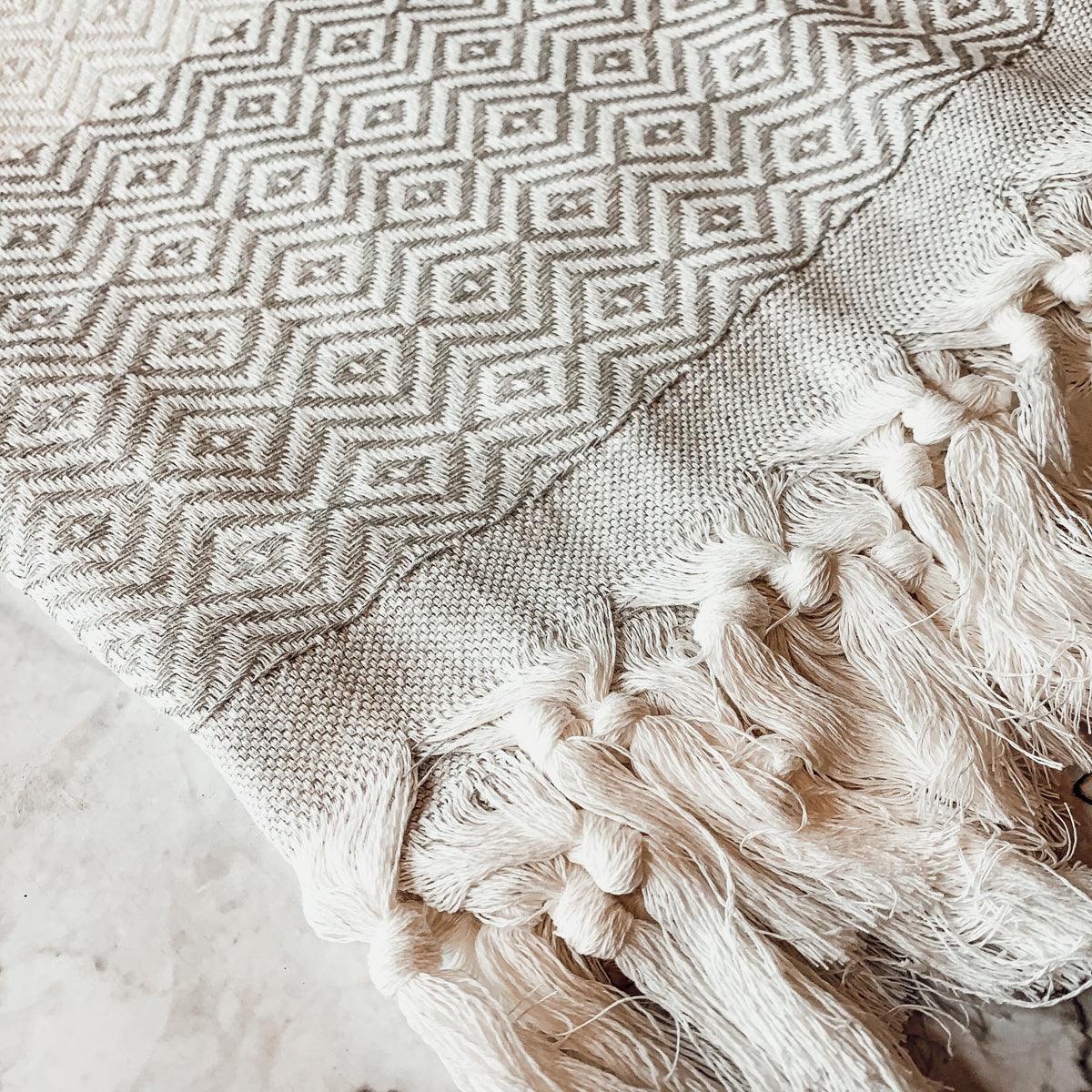 Gia Roma Haley Diamond Towel 200GSM beach towel beige with diamond pattern and tassel fringe on Tampa Home & Garden Store