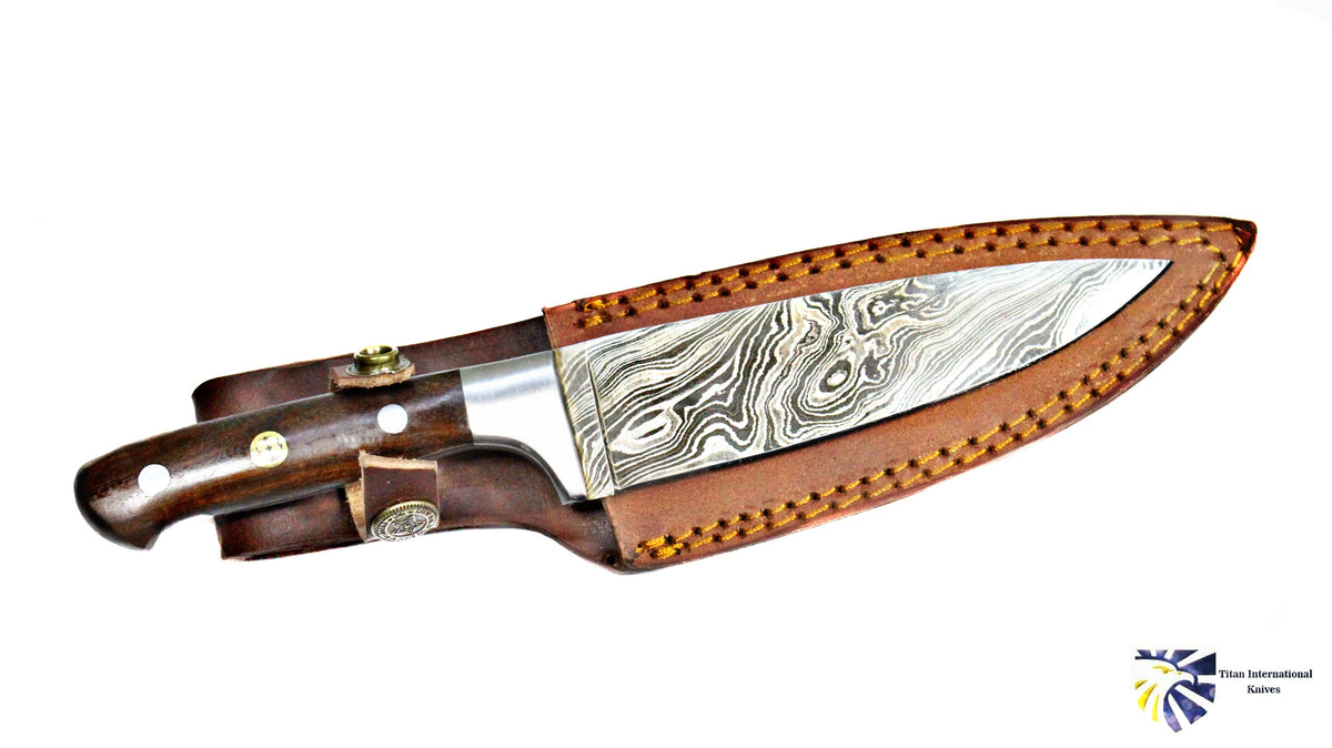 Damascus kitchen knife TD-211 with Damascus-pattern blade, wooden handle, leather sheath on Tampa Home & Garden Store