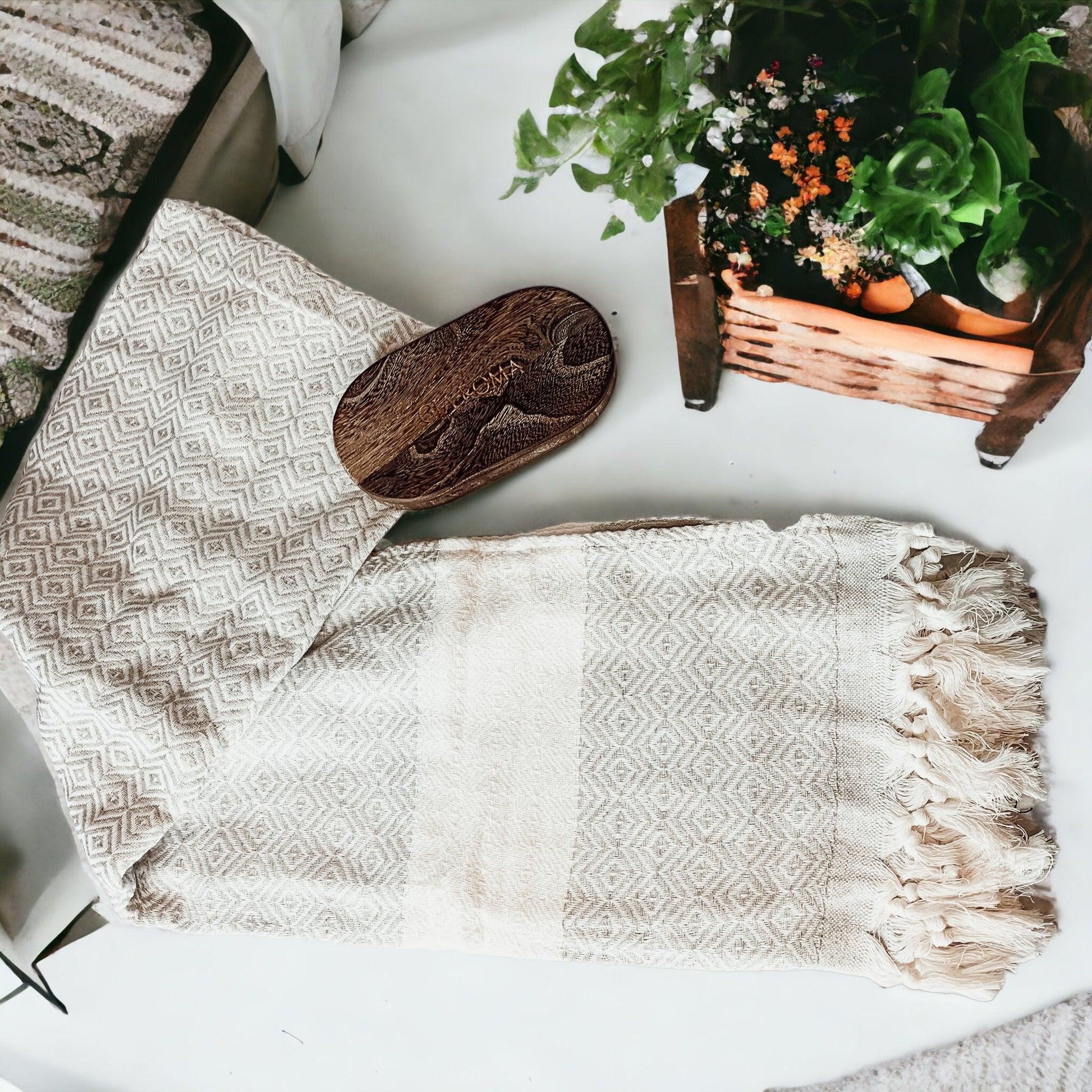 Gia Roma Haley Diamond Towels 200GSM set of 4 beige geometric beach towels with fringe on Tampa Home & Garden Store