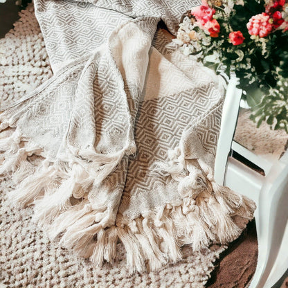 Haley Diamond Towel 200GSM Gia Roma beige geometric beach towel with fringe tassels on Tampa Home & Garden Store