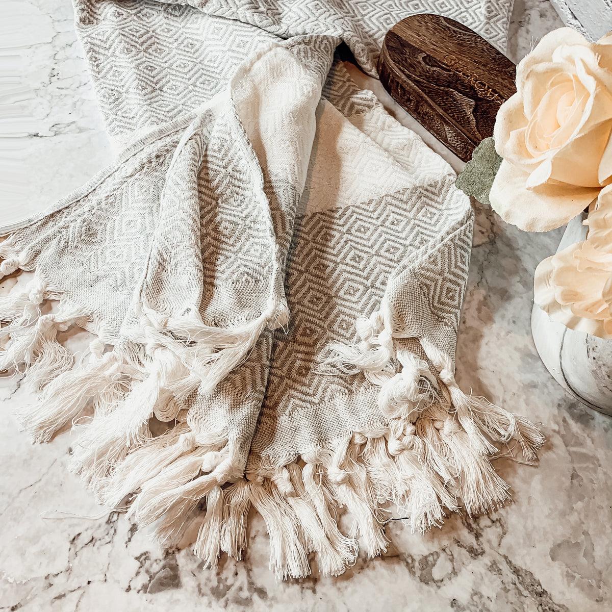 Haley Diamond Towel 200GSM Gia Roma beige diamond pattern beach towel with tassel fringe on Tampa Home & Garden Store