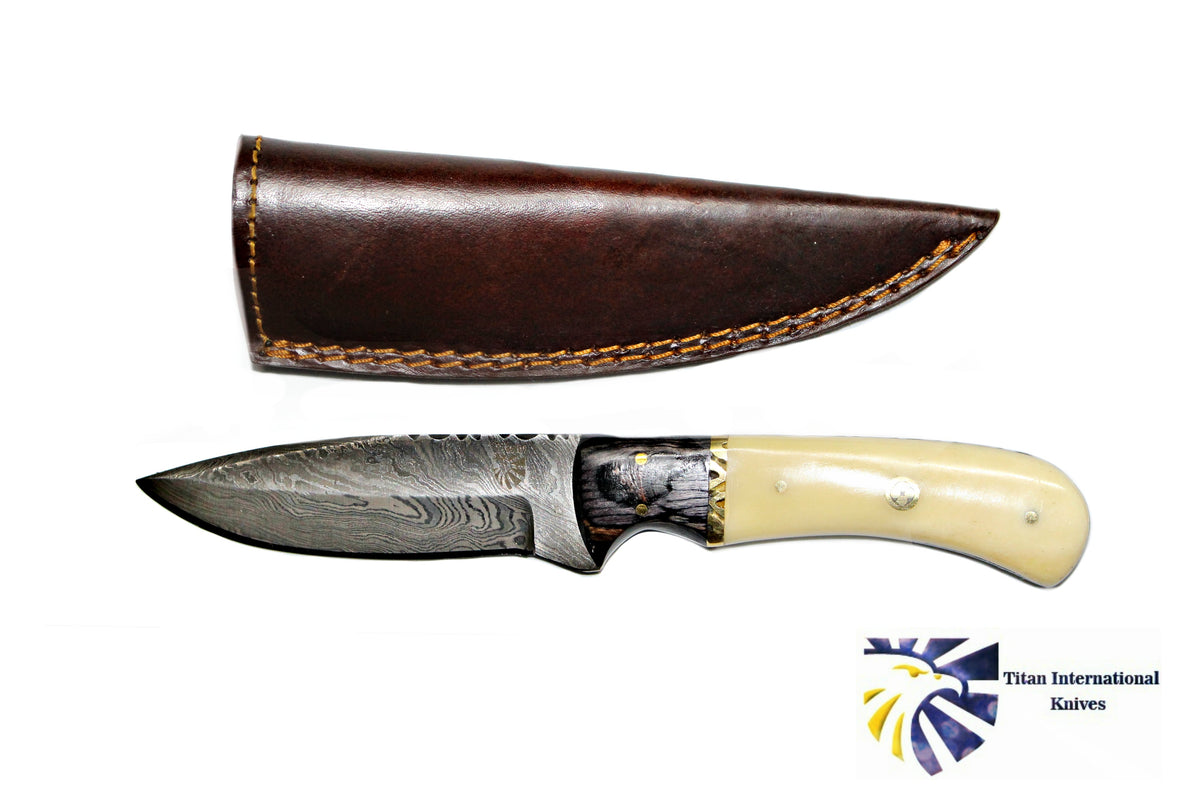 Damascus steel hunting knife TD-172 by Titan with ivory handle and brass bolsters in leather sheath on Tampa Home & Garden Store
