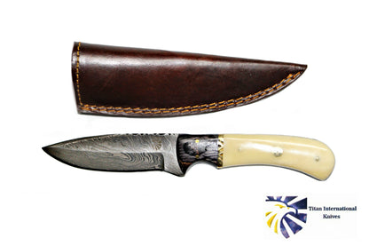 Damascus steel hunting knife TD-172 by Titan with ivory handle and brass bolsters in leather sheath on Tampa Home & Garden Store