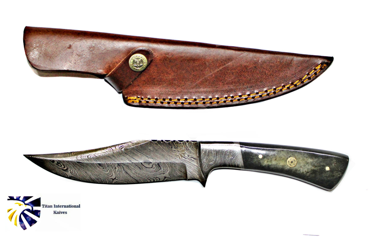 Hand forged Damascus hunting knife TD-193 with wood handle in leather sheath by Titan Knives on Tampa Home & Garden Store