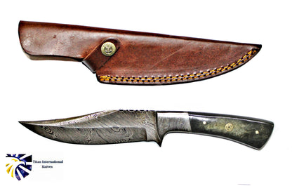 Hand forged Damascus hunting knife TD-193 with wood handle in leather sheath by Titan Knives on Tampa Home & Garden Store